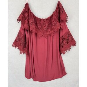 Shyanne Dress Maroon Off the Shoulder Lace Trim Mini Country Western Boho